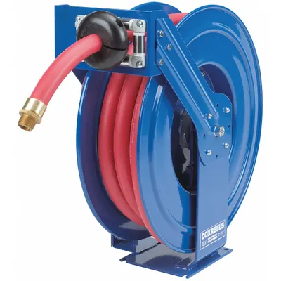 COXREELS Spring Return Hose Reel: 50 ft (3/4 in I.D.), 3/4 in MNPT, 300 psi Max Op Pressure - Dual-Pedestal Gas Spring-Return Hose Reels