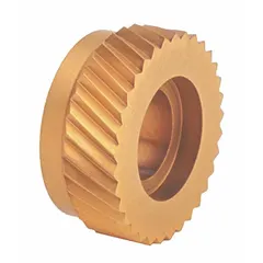 Right hand diagonal knurling wheel made of high-speed steel with titanium nitride coating. Outside diameter 1 in. Counterbored hole for mounting on standard knurling tool holders. Used on lathes and turning centers to create diagonal knurl patterns on cylindrical workpieces for improved grip or appearance.