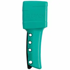 This squeeze-handle cable lockout is of the pull-tight type, constructed from glass-filled nylon/plastic with temperature-resistant properties. The green lockout does not include a cable and is compatible with BRADY cable lockout Mfr. No. 170409. It is used to isolate energy sources during lockout/tagout procedures in industrial environments.