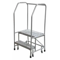 This assembled aluminum ladder features weight-actuated casters that lock when stepped on for stability. Includes handrails and serrated steps. Suitable for low-height access tasks such as retrieving stored items or maintenance in warehouses, libraries, and industrial facilities.