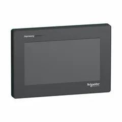 This 7-inch TFT color LCD HMI from the Harmony GTO Series features a resistive touchscreen and operates on 24V DC power. It provides operator interface and machine control in industrial automation applications, supporting Uni-Telway communication for monitoring and data entry.