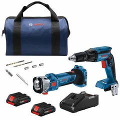This 18 V DC cordless combination kit includes two tools and one GBA18V40 battery. Designed for drilling, driving, and fastening tasks in construction, maintenance, and assembly. Part of the Bosch 18 V platform, compatible with other Bosch 18 V batteries and chargers.