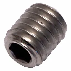 Metric cup point set screw with M5x0.8 thread and 6 mm overall length. Made from titanium with a plain finish and socket drive. Used to secure components onto shafts in industrial machinery where corrosion resistance and lightweight properties are required.