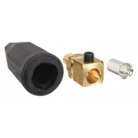 This Dinse-style male cable plug is used to connect welding cables to power sources or electrode holders. It accepts 1/0 AWG to 2/0 AWG cable and features a single ball-point locking mechanism for secure, quick connections in industrial welding applications