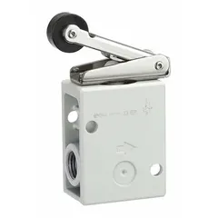 Manual air control valve with roller actuator and side-ported body. Features 3 ports with 1/4 in NPT connections. Used for directional control in pneumatic systems.
