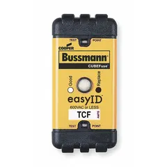 Class CF time-delay cube fuse rated 70 A, 600 V AC and 300 V DC. Features a visual indication for blown fuse identification. Suitable for overcurrent protection in circuits with inductive loads such as motors and transformers.