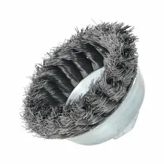 This cup brush is designed for heavy cleaning of contoured carbon steel surfaces. It features a 3 1/2 in diameter, 0.014 in fill diameter, and standard twist knot wire bristles. The brush connects via a 5/8"-11 arbor hole. Typical applications include removing rust, scale, and weld slag from irregular shapes.