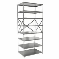 This heavy-duty standalone open metal shelving unit is constructed of steel with a gray finish. It measures 36 inches wide by 24 inches deep with an overall height of 84 inches and includes eight shelves. Suitable for industrial storage in warehouses, factories, and maintenance facilities, it supports bulk parts, tools, and equipment. The unit is supplied unassembled.