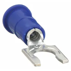 Vinyl-insulated locking fork terminal for #8 studs, accepting 16 AWG to 14 AWG wire. Rated 1000 V with a funnel-entry barrel for easier wire insertion. Suitable for electrical connections in control panels, motor wiring, and power distribution requiring secure terminations.