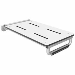 Wall-mounted shower bench with a phenolic seat and stainless steel frame, designed for accessible bathing in wet environments. Maximum seat width of 15 inches and weight capacity of 250 lb. Suitable for healthcare, hospitality, and residential settings.