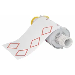 Red GHS/CLP 4A diamond precut label roll on white vinyl with acrylic adhesive. Each label measures 6 3/32 in x 8 19/64 in and is compatible with BBP85 printers. The no-legend design allows on-demand printing of custom chemical hazard warnings for industrial labeling applications.