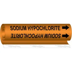 Wrap-around pipe marker for identifying pipes carrying sodium hypochlorite. Orange background with black legend text. Fits pipe outer diameters from 1/2 to 1-3/8 inches. Includes directional arrows. Single marker.