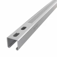 This perforated-slot strut channel is fabricated from steel with a pre-galvanized zinc finish, providing corrosion resistance for indoor applications. It features a narrow slotted design with 8 mm slot spacing and a 12 ga gauge, suitable for supporting and securing mechanical, electrical, and plumbing systems in commercial and industrial construction.