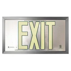 Wall-mountable aluminum exit sign with mounting holes for secure installation. Features a single printed side and glow-in-the-dark photoluminescent material that absorbs ambient light to provide visible egress guidance during power outages. Not retroreflective.