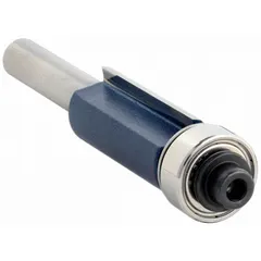 Carbide-tipped flush-trim profile router bit with a 3/8-inch cutter diameter and 2 flutes. Designed for trimming laminate, veneer, or solid wood flush with a template or substrate in woodworking applications such as cabinetry, countertops, and furniture making.