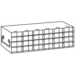 Stainless steel cold storage rack with locking rods for secure sample organization in freezer environments. Overall width 5 7/8 in. Suitable for laboratory and cold storage applications.