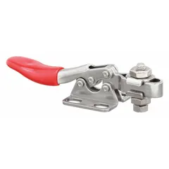 This corrosion-resistant toggle clamp features a standard horizontal handle and flange base mounting with a 0.82 in arm length. It is used for quick, repeatable workpiece holding in machining, welding, and assembly fixtures. The clamp applies and releases clamping force rapidly without tools, suitable for industrial environments.