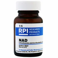 Lab-grade protease inhibitor supplied as a powder in a 5 g glass container. Used in biochemical research to prevent protein degradation. Suitable for laboratory applications requiring high-purity NAD.