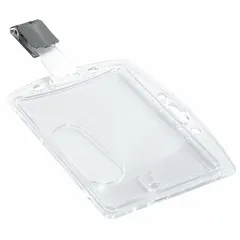 Plastic badge holder with strap attachment for vertical orientation. Accommodates badge pouches up to 4 inches wide and 2 13/16 inches tall. Suitable for displaying ID badges, access cards, or name tags in workplace and event settings. Sold in packs of 25.