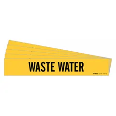 Yellow adhesive pipe marker with black legend text reading 'Waste Water'. Designed for pipes with outer diameter of 8 inches and larger. Pack of 5 markers without directional arrows. Used to identify waste water piping in industrial and commercial facilities.