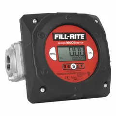 Aluminum nutating disc totalizer with 1 in BSPT connection, digital display, and standard frequency pulse output. Measures fuel volume in gallons with ±1.25% accuracy. Viton seals and Buna-N O-rings. Suitable for fuel transfer and dispensing applications.