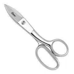 All-metal scissors with a steel construction and silver finish. Features a serrated, pointed blade for cutting tough materials. Overall length of 7 3/4 inches. Suitable for industrial cutting applications.