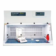 Fully assembled enclosure for balance, bulk powder, and equipment applications. Includes blower, base/stand, and work surface. Overall dimensions: 48 in width, 33 in height, 30 in depth.