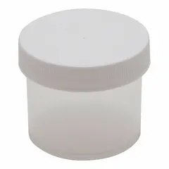 Clear polypropylene jar with 2 fl oz capacity, 53 mm body diameter, and 47 mm height. Includes closure. Non-sterile, no pre-cleaning. Suitable for storing, mixing, or sampling non-sterile liquids and solids in laboratory settings.
