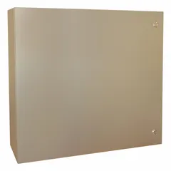 This 316 stainless steel enclosure measures 30 x 30 x 8 inches and is rated NEMA 12/13/3R/4/4X. It features a hinged cover with a 1/4-turn latch. Knockouts are not included. Typical applications include protecting electrical controls and instruments in industrial environments requiring corrosion resistance.
