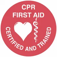 Non-reflective hard hat label with English text, 2-inch diameter. Pack of 4 labels. Identifies personnel as CPR First Aid Certified & Trained for workplace safety compliance