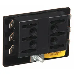 6-pole open fuse block designed for automotive blade fuses. Features bolt-down mounting and quick-connect termination for secure installation. Used to distribute power and protect circuits in automotive and industrial electrical systems.
