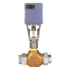 Bronze body electric globe valve with 1 1/4 in FNPT connections. Features a stainless steel disc, 303 stainless steel stem, and brass bonnet. Actuator accepts 4-20 mA input control signal. Used for precise flow regulation in water and fuel systems.