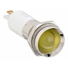 Yellow LED indicator pilot light with a protruding head for panel mounting. Features a 0.11 Male Quick Disconnect electrical connection. Used in industrial control panels and machinery to signal operational status or warnings.