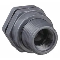 This PVC through-wall fitting features a 1 1/4 in female socket inside and an EPDM gasket. It is used for creating leak-proof connections through tank or vessel walls in fluid handling systems