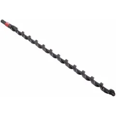 This pole auger drill bit has a 15/16 in diameter and 18 in overall length with a hex shank. It is made of carbon steel with a PTFE coating to reduce friction. Used for boring holes in wood utility poles and heavy timber.