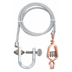 This terminated bonding and grounding wire features a 5 ft length with a carbon steel conductor and clear PVC jacket. It is equipped with an alligator clip on one end and a C-clamp with a 3/4 in opening span on the other. Used to create a safe electrical path between equipment and ground, preventing static buildup or fault currents in industrial maintenance, fuel transfer, and hazardous-area operations.