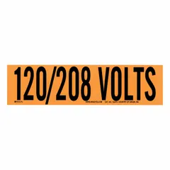 Self-stick vinyl markers for identifying 120/208-volt circuits on conduits or electrical panels. Each label measures 9 in wide by 2 1/4 in high with legend '120/208 Volts' in Style A. Pack of 25.