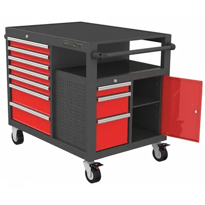 WESTWARD Rolling Tool Cabinet: Gray / Red Drawer, 44 1/4 in W x 31 1/8 in D x 40 in H - Light-Duty Rolling Tool Cabinets
