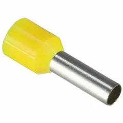 Insulated ferrule for terminating stranded wire into terminal blocks. Yellow nylon construction with 0.15 in ferrule diameter, accepts 10 AWG max wire size, holds 1 wire. Used in industrial control panels and electrical installations to prevent wire fraying and ensure secure connections.