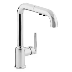 This KOHLER Purist kitchen faucet is a single-post, deck-mounted model made of brass. It features an arc spout with a pull-out spray and requires one mounting hole. Suitable for residential and light commercial sink applications.