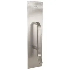 This TRIMCO door pull is made from copper alloy with a gray finish, measuring 15 inches in height. It operates as a hand pull and is suited for high-traffic commercial doors where frequent contact occurs. The copper alloy construction offers inherent antimicrobial properties, making it appropriate for settings that prioritize hygiene.