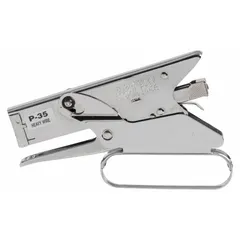 This plier stapler is designed for use with 1/4 to 3/8 inch leg length staples of 31/64 inch width. It features an inward clinch mechanism and a steel construction. Typical applications include light-duty upholstery, carpeting, and craft fastening tasks.