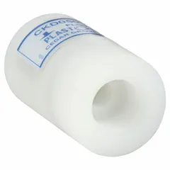 Polypropylene inline diaphragm check valve with 1/2 in FNPT female connections. FKM diaphragm provides chemical resistance. Used to prevent backflow in corrosive fluid systems such as chemical processing, water treatment, and industrial plumbing.