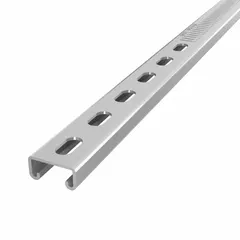 This perforated-slot strut channel is made of steel with a pre-galvanized zinc finish in gray. It features a 12 ga gauge, narrow slotted design with 8 mm slot spacing. Used for supporting and securing mechanical, electrical, and plumbing systems in construction, its perforated slots allow flexible attachment of fittings and hardware for framing, cable trays, and pipe supports.