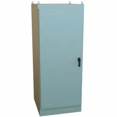 This HAMMOND steel enclosure is NEMA 12 rated for protection against dust, dirt, and non-corrosive liquids. It measures 90 x 36 x 36 inches with a solid hinged cover and handle closure. No knockouts are provided. Typical applications include housing electrical controls and instruments in industrial environments.