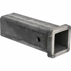This carbon steel receiver tube is designed for 2 1/2 in compatible hitch systems. With a 10 in overall length and 2 1/2 in overall width, it provides a secure mounting point for drawbars or accessories in towing applications on trucks, trailers, and industrial vehicles.