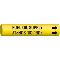 Snap-on pipe marker for identifying fuel oil supply lines. Yellow background with black legend and directional arrows. Fits pipe outer diameters from 3/4 to 1-3/8 inches. Suitable for use in industrial piping systems to indicate pipe contents and flow direction.