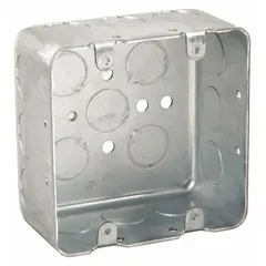Steel square handy box for mounting switches, receptacles, or devices in surface or flush wiring. 2-gang design with 2-1/8 in depth provides space for multiple connections. Supplied without clamps or bracket for applications where these are not required.