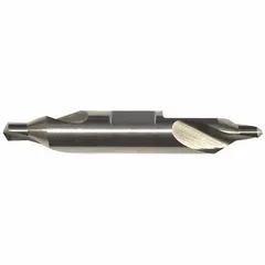 Double-end center drill with plain tip, 60° included angle, and 3-inch overall length. Made from AlTiN-coated high-speed steel for extended tool life. Used for creating conical starting holes in workpieces to ensure accurate alignment in subsequent machining operations.