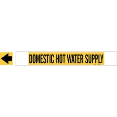 Yellow fiberglass carrier-mounted pipe marker with black legend 'Domestic Hot Water Supply' and directional arrows. Fits pipe outer diameters of 8 inches and larger. Used for identifying hot water supply lines in piping systems.